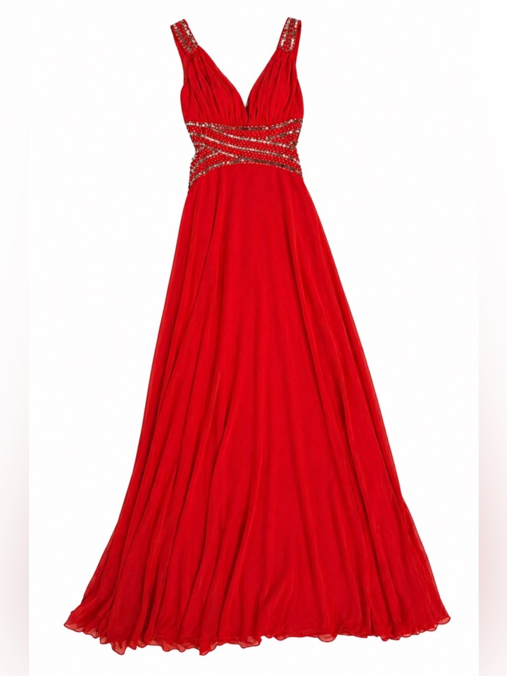 Red Beaded Waist V-Neck Evening/ Prom Gown